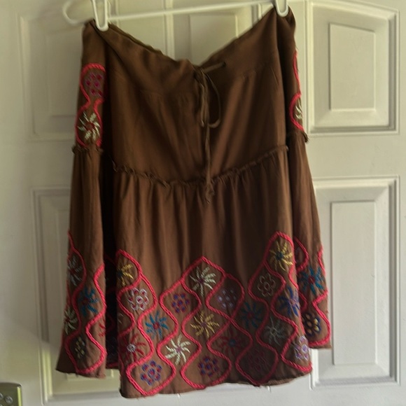 FREE PEOPLE VINTAGE FLOWER POWER BOHO EMBROIDERED BROWN SKIRT SIZE L - Picture 7 of 11